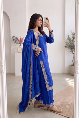 Women blue embroidered straight kurti with pant & dupatta set 3