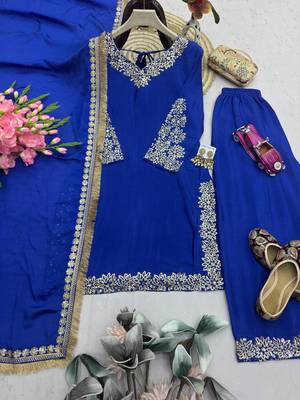 Women blue embroidered straight kurti with pant & dupatta set 4