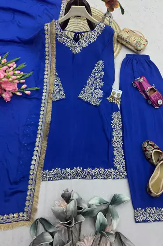 Women blue embroidered straight kurti with pant & dupatta set