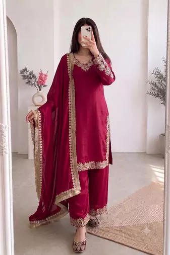 Women red embroidered straight kurti with pant & dupatta set