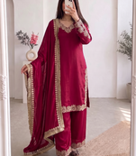 Women red embroidered straight kurti with pant & dupatta set