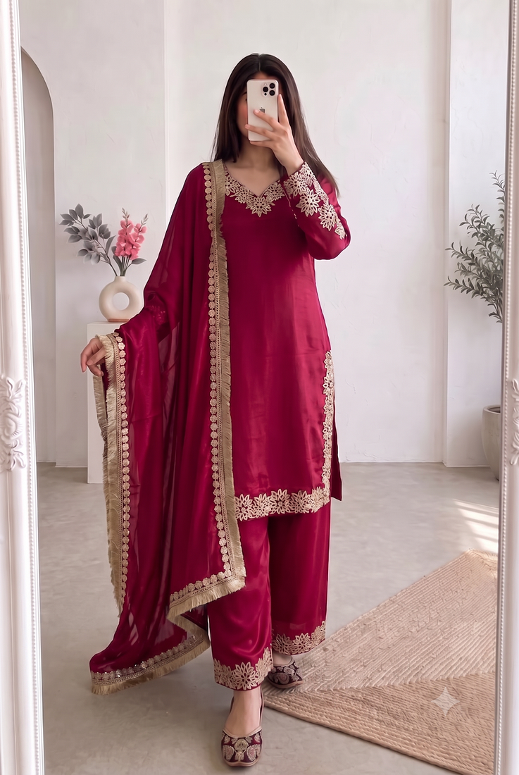 Women red embroidered straight kurti with pant & dupatta set