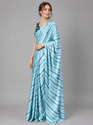 Blue printed satin saree with blouse 4