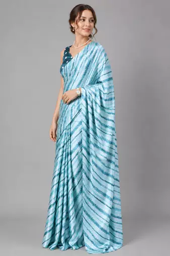 Blue printed satin saree with blouse