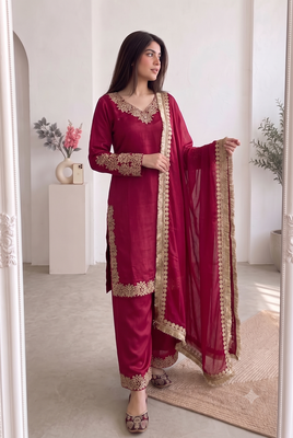 Women red embroidered straight kurti with pant & dupatta set 2