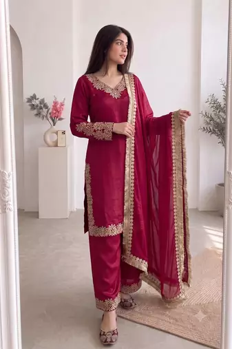 Women red embroidered straight kurti with pant & dupatta set