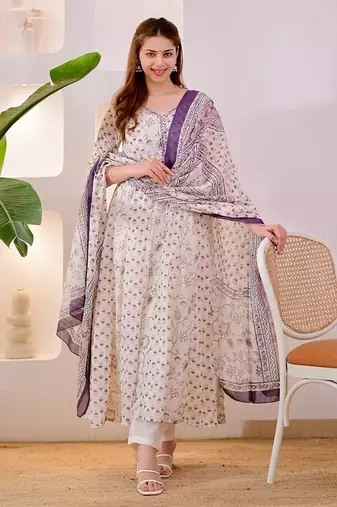 Floral Embroidered Pure Cotton V Neck Kurta Trouser & Dupatta Set