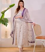 Floral Embroidered Pure Cotton V Neck Kurta Trouser & Dupatta Set
