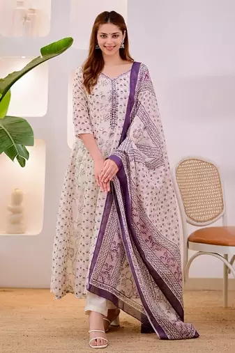 Floral Embroidered Pure Cotton V Neck Kurta Trouser & Dupatta Set