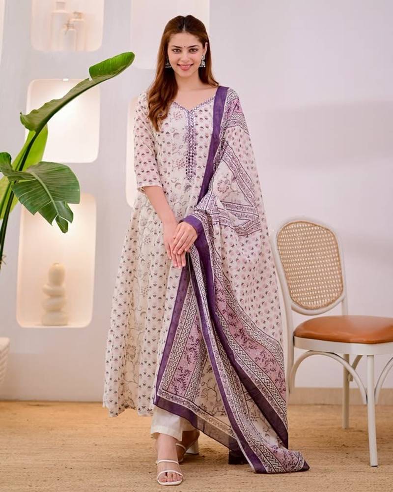 Floral Embroidered Pure Cotton V Neck Kurta Trouser & Dupatta Set
