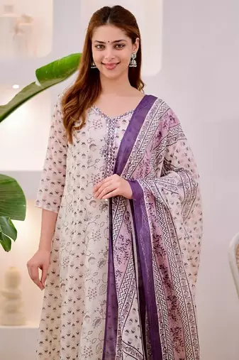 Floral Embroidered Pure Cotton V Neck Kurta Trouser & Dupatta Set