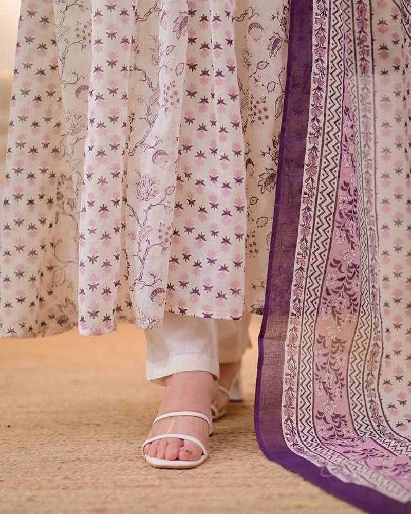 Floral Embroidered Pure Cotton V Neck Kurta Trouser & Dupatta Set
