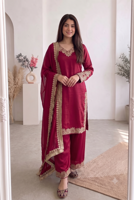 Women red embroidered straight kurti with pant & dupatta set 3