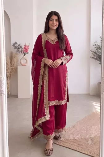 Women red embroidered straight kurti with pant & dupatta set