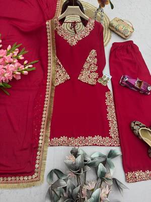 Women red embroidered straight kurti with pant & dupatta set 4
