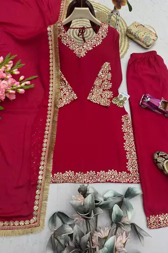 Women red embroidered straight kurti with pant & dupatta set