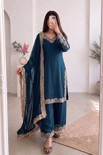 Women teal embroidered straight kurti with pant & dupatta set