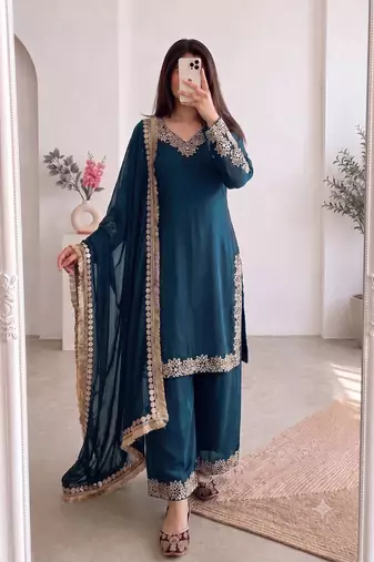Women teal embroidered straight kurti with pant & dupatta set