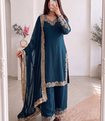 Women teal embroidered straight kurti with pant & dupatta set