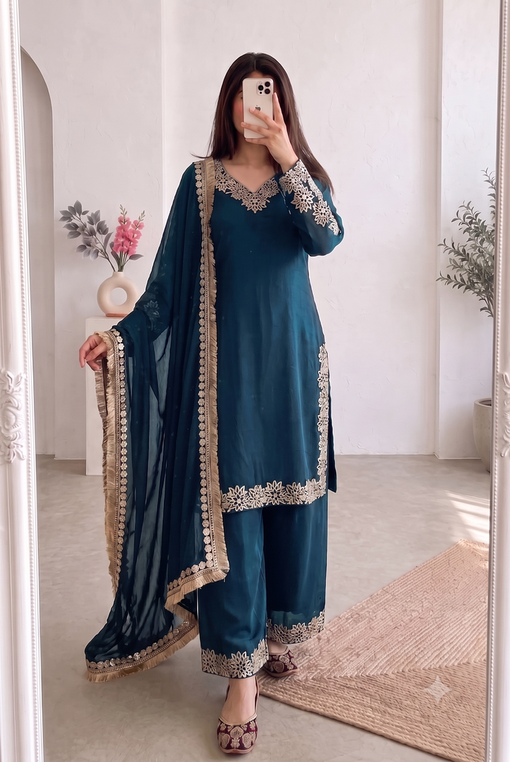 Women teal embroidered straight kurti with pant & dupatta set