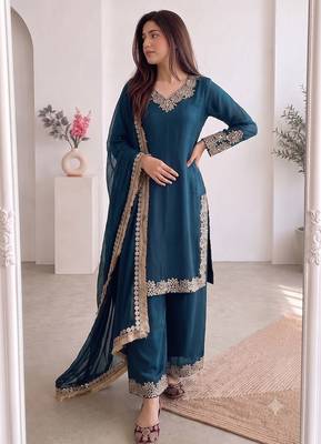 Women teal embroidered straight kurti with pant & dupatta set 2