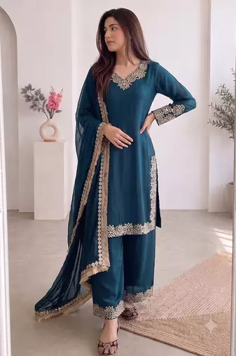 Women teal embroidered straight kurti with pant & dupatta set