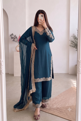 Women teal embroidered straight kurti with pant & dupatta set 3