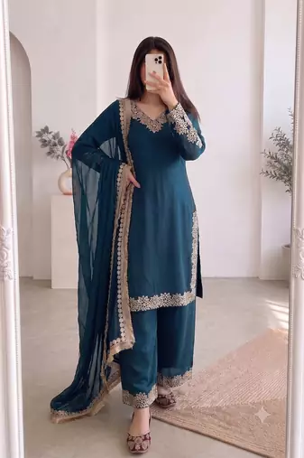 Women teal embroidered straight kurti with pant & dupatta set