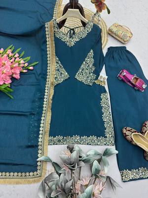 Women teal embroidered straight kurti with pant & dupatta set 4