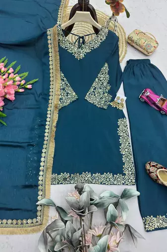 Women teal embroidered straight kurti with pant & dupatta set