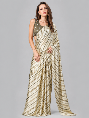 Green printed satin saree with blouse 2