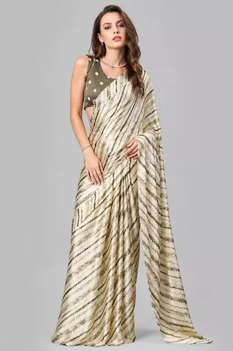 Green printed satin saree with blouse