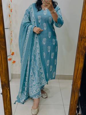Floral Printed Pure Cotton V Neck Kurta Trouser & Dupatta Set 1