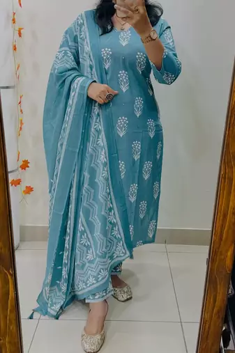 Floral Printed Pure Cotton V Neck Kurta Trouser & Dupatta Set