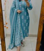 Floral Printed Pure Cotton V Neck Kurta Trouser & Dupatta Set