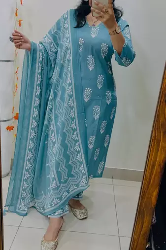 Floral Printed Pure Cotton V Neck Kurta Trouser & Dupatta Set