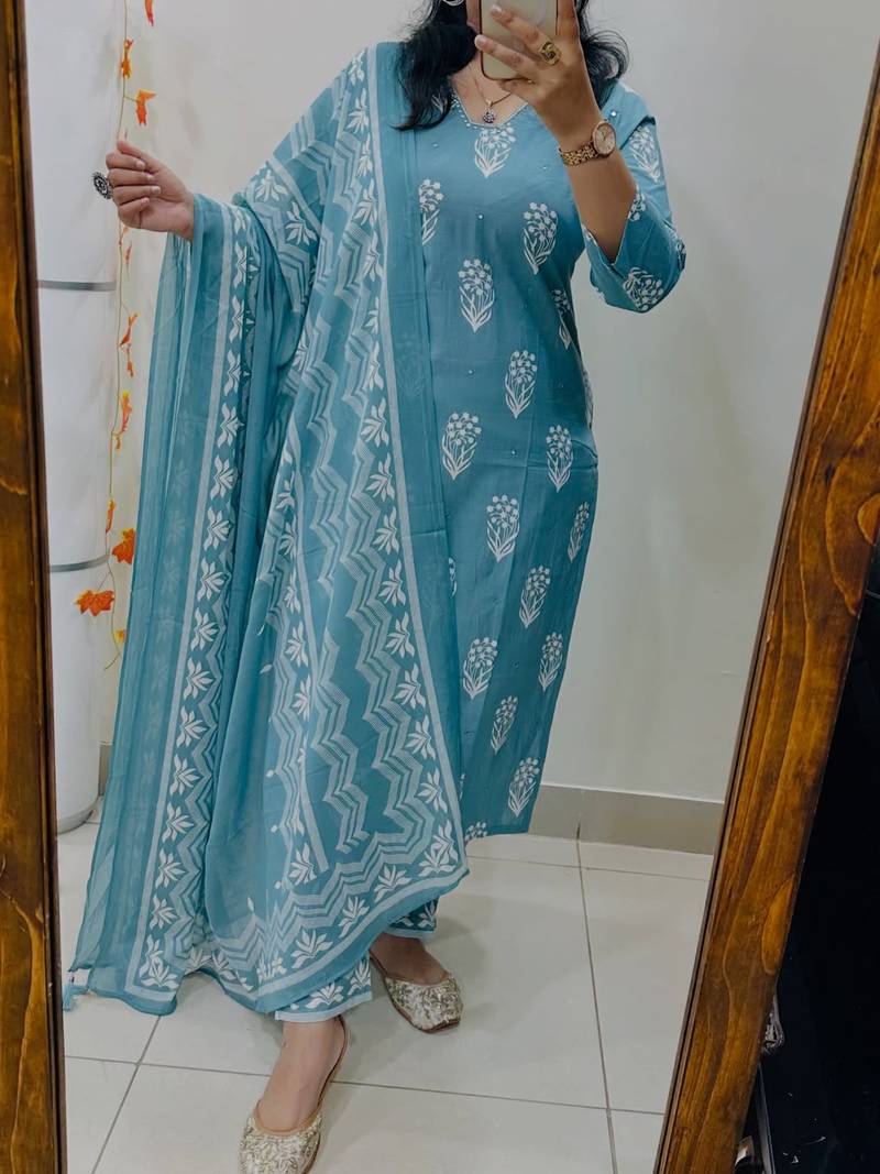 Floral Printed Pure Cotton V Neck Kurta Trouser & Dupatta Set