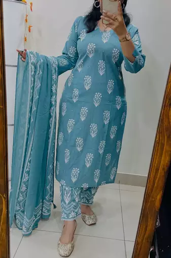 Floral Printed Pure Cotton V Neck Kurta Trouser & Dupatta Set