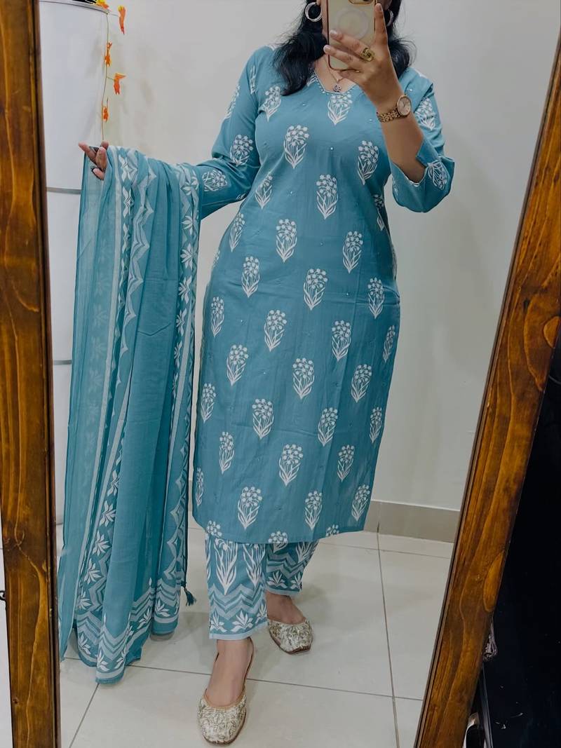 Floral Printed Pure Cotton V Neck Kurta Trouser & Dupatta Set
