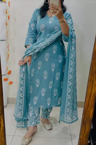 Floral Printed Pure Cotton V Neck Kurta Trouser & Dupatta Set