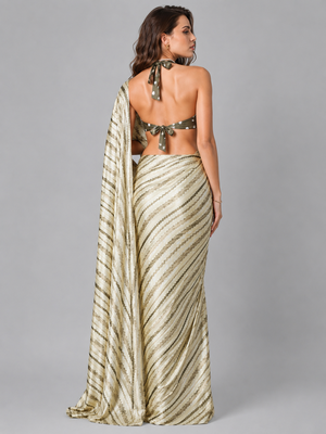 Green printed satin saree with blouse 3