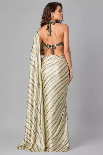 Green printed satin saree with blouse