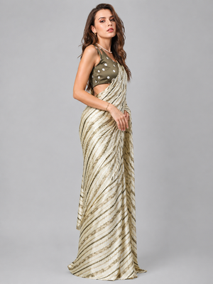 Green printed satin saree with blouse 4