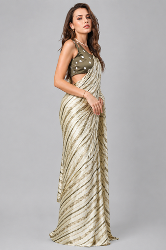 Green printed satin saree with blouse