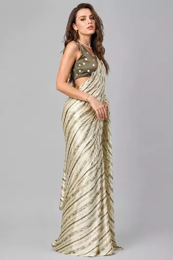 Green printed satin saree with blouse