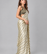 Green printed satin saree with blouse
