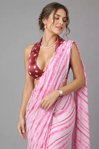 Pink printed satin saree with blouse