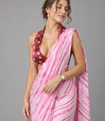 Pink printed satin saree with blouse