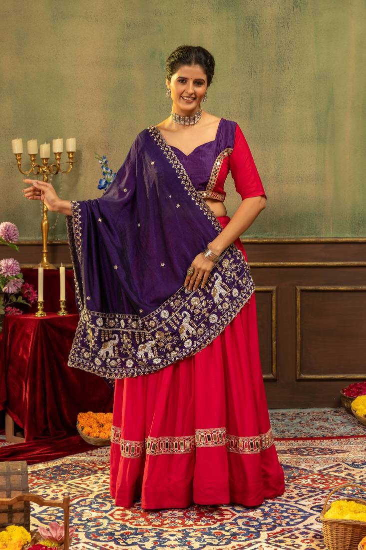Rani Pink Color Embroidery work and Mirror work Cotton Navratri Lehnga Choli