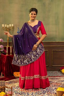 Rani Pink Color Embroidery work and Mirror work Cotton Navratri Lehnga Choli 1